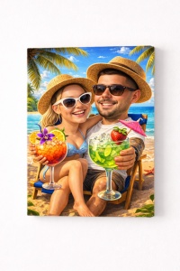 Tablou Canvas Caricatură Cuplu în Vacanță pe Plajă – Cadou Personalizat Romantic