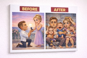 Tablou Canvas Caricatură Familie cu 3 Copii – Before & After Amuzant Personalizat