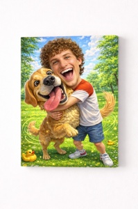 Tablou Canvas Personalizat – Îmbrățișare cu Câinele Portret Amuzant cu Animal de Companie
