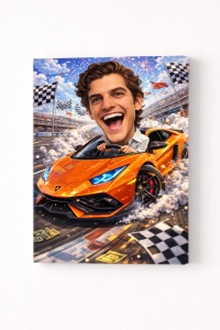 Tablou Canvas Personalizat – Pilot de Supercar | Caricatură cu Mașină Sport