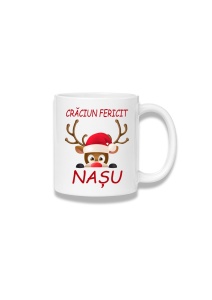 Cană ceramică 380 ml – Crăciun fericit, nașu – ren cu căciulă