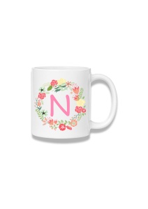 Cană ceramică 380 ml – Inițiala N cu coroniță florală