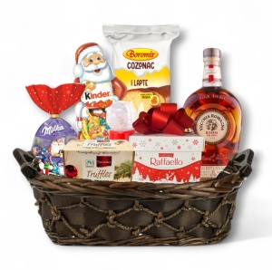 Coș Cadou de Crăciun Premium cu Brandy Vecchia Romagna și Dulciuri Festive