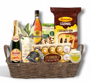 Coș Cadou Premium Alexandrion & Angelli cu Ferrero și Cozonac Boromir – Cadou Elegant de Sărbători