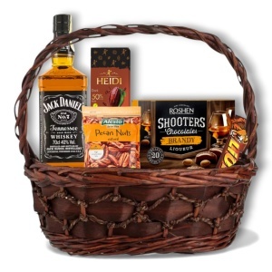 Coș Cadou Premium cu Jack Daniel’s, Praline Brandy, Nuci Pecan și Ciocolată Heidi