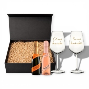 Cutie Cadou Premium cu Pahare Personalizate și Prosecco – Cadou Romantic pentru Cuplu