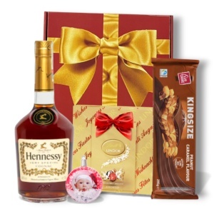 Cutie Cadou Premium Hennessy cu Praline Lindor, Ciocolată Kingsize și Glob Festiv – Cadou Elegant de Sărbători