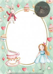 Invitație Botez B82 - Alice în Țara Minunilor cu Iepuraș și Cupcakes pe Fundal Mint