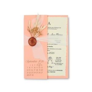 Invitație de nuntă personalizată roz cu sigiliu de ceară – stil boho elegant cu flori uscate - Img 2