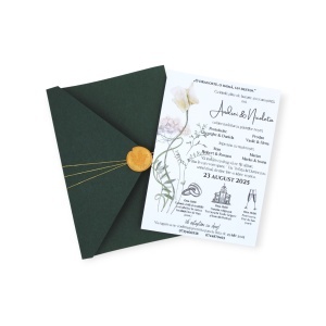 Invitație Nuntă Botanică cu Plic Verde Pădure, Sigiliu Auriu și Ilustrații Florale Delicate