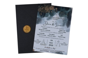 Invitație Nuntă cu Plic Negru Elegant și Accente Aurii – Model Lux cu Sigiliu “Cu Drag”