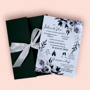 Invitație Nuntă cu Plic Verde Pădure și Fundiță Satin Alb