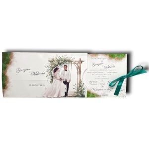 Invitație nuntă glisantă elegantă verde și auriu – set complet cu fundiță satinată, design floral premium și personalizare pentru miri