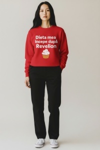 Pulover amuzant – „Dieta mea începe după Revelion” – model unisex, roșu