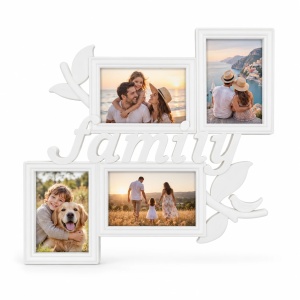 Ramă foto colaj Family cu frunze, alb – 4 fotografii incluse