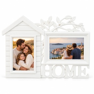 Ramă foto colaj Home în formă de casă, alb – 2 fotografii incluse