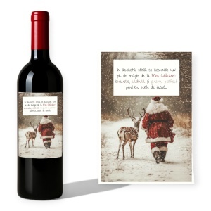 Sticlă de vin personalizată de Crăciun – modele premium cu Moș Crăciun & ren