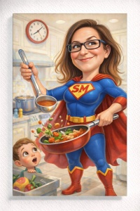 Tablou Canvas Caricatură Mamă Super Erou – Portret Personalizat cu Copil