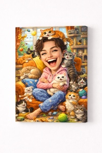 Tablou Canvas Cat Lover – Ilustrație Amuzantă cu Fată și Pisici