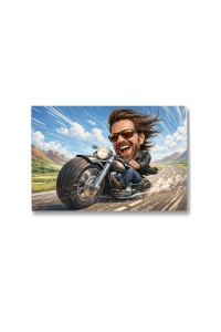 Tablou Canvas Motociclist în Viteză – Caricatură Amuzantă pentru Iubitorii de Motociclete