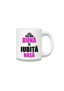 Cană ceramică 380 ml – Cea mai bună și iubită nașă – coroană