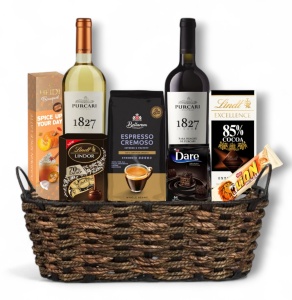 Coș Cadou Premium Purcari Alb & Roșu, Ciocolată Fine & Cafea Espresso Cremoso