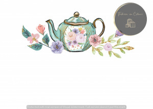 Invitație Botez B123 - Ceainic Verde-Turcoaz cu Buchete Florale