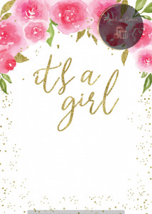 Invitație Botez B519 - It's a Girl cu Confetti Auriu și Trandafiri Roz