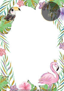 Invitație Botez B63 - Tucan și Flamingo Tropical cu Frunze de Monstera
