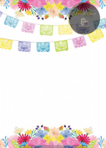 Invitație Botez B93 - Steguleți Papel Picado Colorați cu Flori Multicolore