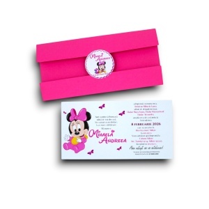 Invitație de botez personalizată Minnie Mouse cu plic roz – model Mihaela Andreea