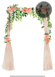 Invitație nuntă cu arc floral și drapaje bej