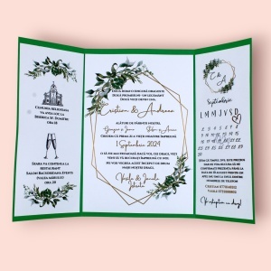 Invitație nuntă cu plic verde și fundiță satin