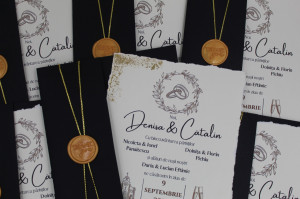 Invitație modernă de nuntă cu șnur și sigiliu