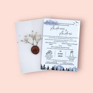 Invitație Nuntă cu Vellum Transparent, Sigiliu Ceară și Peisaj Montan