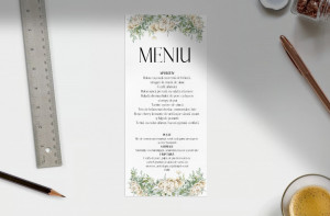 Meniu nuntă floral crem și verde mentă – model elegant pe carton premium