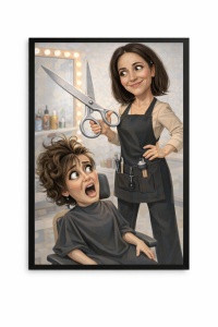 Ramă Foto Caricatură Frizeriță – Portret Personalizat Salon
