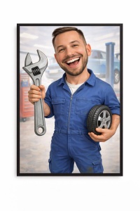 Ramă Foto Caricatură Mecanic Auto Amuzant – Portret Personalizat din Fotografie