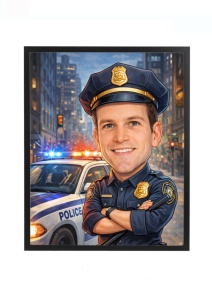 Ramă Foto Caricatură Polițist cu Mașină de Poliție – Cadou Personalizat