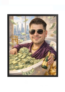 Ramă foto personalizată caricatură milionar în cadă cu bani – cadou amuzant după fotografie