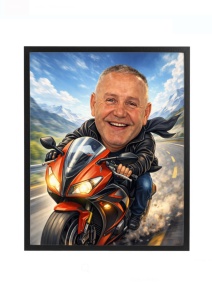 Ramă foto personalizată caricatură motociclist – cadou amuzant cu motocicletă după fotografie