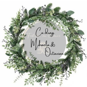 Sticker nuntă verde cu coroniță florală – personalizat cu numele mirilor și mesaj
