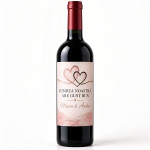Sticlă de vin personalizată cu nume „Iubirea noastră are gust bun” – Valentine’s Day