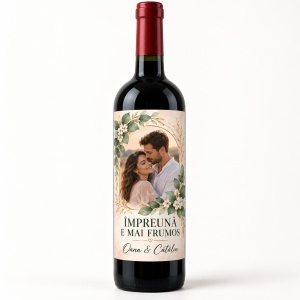Sticlă de vin personalizată cu poză „Împreună e mai frumos” – Valentine’s Day