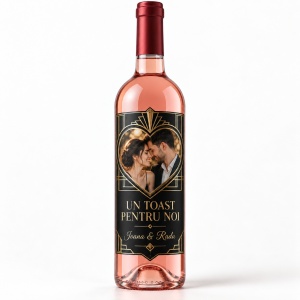 Sticlă de vin roze personalizată cu poză „Un toast pentru noi” – Valentine’s Day