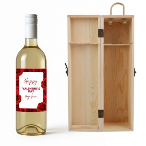 Sticlă de Vin Personalizată Valentine’s Day „Happy Valentine’s Day My Love” cu Cutie din Lemn Premium – Alb, Roșu sau Roze
