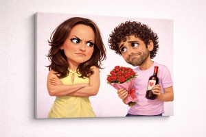 Tablou Canvas Caricatură Cuplu Amuzant – Supărată & Împăcare Romantică Personalizată