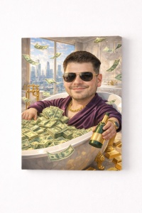 Tablou Canvas Caricatură Miliardar în Cadă cu Bani – Cadou Funny Personalizat