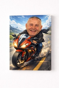 Tablou Canvas Caricatură Motociclist Personalizată – Cadou pentru Pasionații de Moto