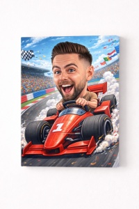 Tablou Canvas Caricatură Pilot de Curse Personalizată – Cadou pentru Pasionații de Motorsport